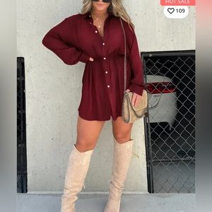 Satin Covered Nights Romper Shirt Dress in Wine XXL